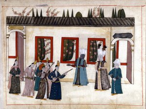 Il Sultano visita la favorita con la madre e il capo degli eunuchi. Miniatura da Memoriali Turchi (codice Cicogna 1971 Memorie Turchesche) Acquerello della scuola veneziana del XVII secolo da Venetian School