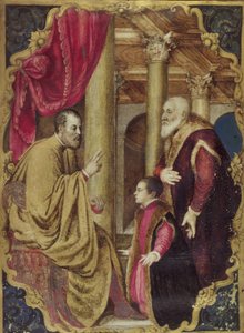 Senatore o Doge veneziano che presenta suo figlio al suo santo patrono da Venetian School