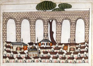 Veduta di Costantinopoli e del suo acquedotto. Miniatura da "Memorie Turche" (codice Cicogna 1971 "Memorie Turchesche") Acquerello della scuola veneziana del 17° secolo. da Venetian School