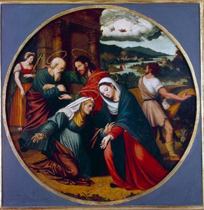 Visitazione. Incontro tra la Vergine Maria e Santa Elisabetta. In fondo, San Giuseppe e Zaccaria da Vicente Juan (c.1510 79) Macip