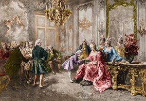 Wolfang Amadeus Mozart (1756-1791) da Madame (Marchesa) de Pompadour (La famiglia di Mozart, durante il tour in Europa) (1763-1766). Incisione dal dipinto di M. V. de Paredes da Vicente de (after) Paredes