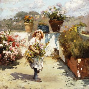 Una giovane ragazza che raccoglie fiori al sole