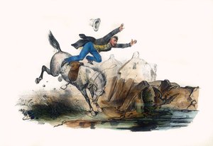 Un cavaliere cade dopo la corsa del suo cavallo. In 