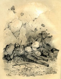 Rolando, conte della marca di Bretagna, ucciso da un distaccamento di Vasconi (Baschi) nel 778 nella valle di Ronceveaux (Pirenei). Incisione di Victor Adam (1801-1866) nel libro “Francia nel Medioevo” pubblicato dai fratelli Ardant a metà del XIX secolo da Victor Adam