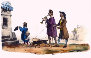 Due ciechi guidati da cani e un bambino mendicante. In 