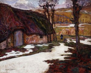 Contadina davanti a un cottage dal tetto di paglia da Victor Charreton