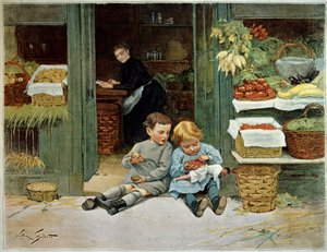 Tour lui. Bambino che mangia pane tostato davanti alla spesa della madre. La bambina ha una bambola sulle ginocchia. Dipinto di Victor Gilbert (1847-1935). Parigi, Arti Decorative da Victor Gabriel Gilbert