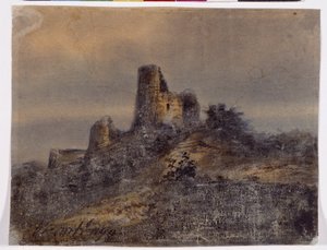 Vista delle rovine del castello di Arques la Bataille (Arques-la-Bataille) Disegno di Victor Hugo (1802-1885) XIX secolo Dim 17,4x22 cm Marsiglia, Chateau Borely, Museo delle Arti Decorative, Faience e Moda
