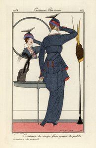 Donna in abito di serge fine con bottoni di corallo che guarda da Victor Lhuer