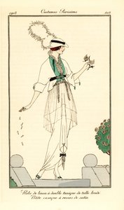 Donna in abito di lino con doppia tunica in tulle ricamato, giacchetta con risvolti di raso da Victor Lhuer