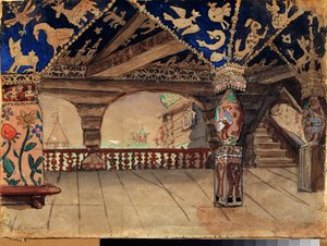 Decorazione preparatoria per la pièce teatrale "La fanciulla delle nevi" di Alexandre Ostrovski. La terrazza in legno da Victor Mikhailovich Vasnetsov