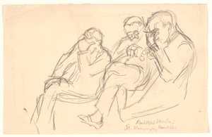 Figurskitse. Tre uomini seduti: Fr. Henningsen, Aarsleff e P. Johansen