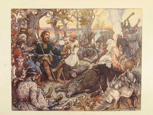 Riposo del Gran Principe Vladimir II Monomakh durante la caccia. La caccia imperiale in Russia di N. Kutepov