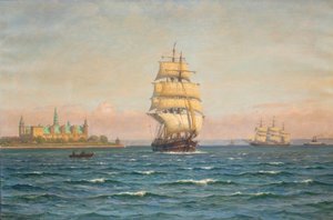 Navi a vela e un traghetto al largo di Kronborg.
