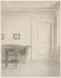 Interno con divano e piccolo tavolo, a destra una porta da Vilhelm Hammershøi