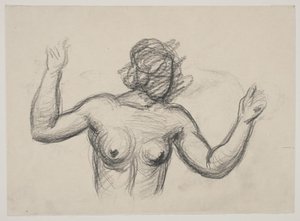 Figura femminile, mezzobusto, che solleva le braccia