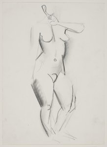 Modella femminile in piedi con la mano sinistra sollevata alla bocca da Vilhelm Lundstrøm