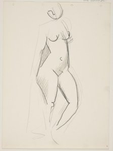 Donna nuda in piedi, rivolta a destra, drappo in mano da Vilhelm Lundstrøm