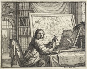 Uomo con compasso vicino a mappe da Vincent Laurensz. van der Vinne (II)