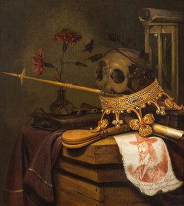 Vanitas con teschio, corona, scettro, flauto, soffietto, clessidra, garofani in un vaso di vetro, pergamena, libro e ritratto inciso di Carlo I da Vincent Laurensz van der Vinne