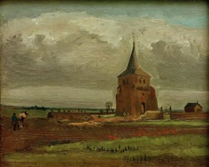 La vecchia torre del cimitero a Nuenen con contadino che ara da Vincent van Gogh