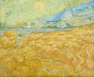 Il raccolto, campo di grano con mietitore