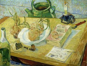 Natura morta con tavoletta da disegno, pipa, cipolle e ceralacca da Vincent van Gogh