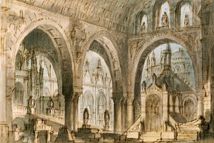 Scenografia di Francesco Bagnara per la quarta scena di Capuleti e Montecchi, opera di Vincenzo Bellini, rappresentata al Teatro La Fenice di Venezia da Vincenzo Bellini