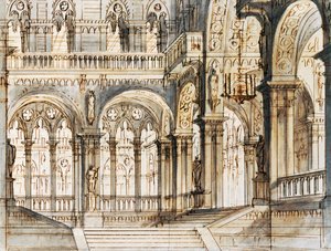 Scenografia di Francesco Bagnara per la terza scena di Capuleti e Montecchi, opera di Vincenzo Bellini, rappresentata al Teatro La Fenice di Venezia da Vincenzo Bellini