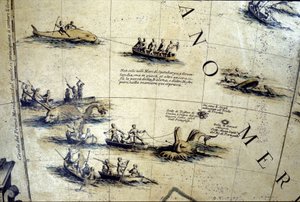 Caccia alla balena nel Pacifico. Dettaglio di un globo di Coronelli del XVII secolo da Vincenzo Maria Coronelli