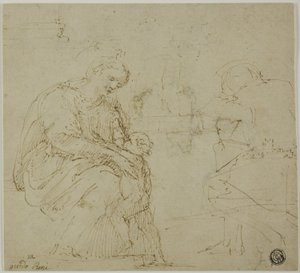 Schizzi di Vergine e Bambino, figura seduta e paesaggio da Vincenzo Tamagni