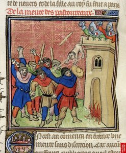 (dettaglio) di una miniatura della Terza Crociata dei Pastoureaux. Ebrei che gettano i loro figli da una torre, dopo il 1380