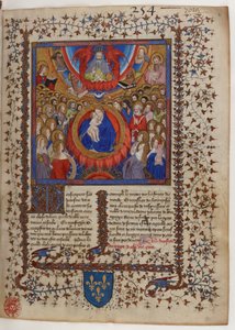 Frontespizio di un manoscritto della Legenda Aurea: la Vergine e il Bambino circondati dalla Corte Celeste, ricevono la benedizione di Dio Padre.