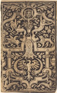 Ornamento a cinghia e fogliame su sfondo scuro con scimmie e altri animali da Virgil Solis