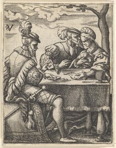Due uomini e una donna che giocano a carte a un tavolo, un uomo preme il naso verso il... da Virgil Solis