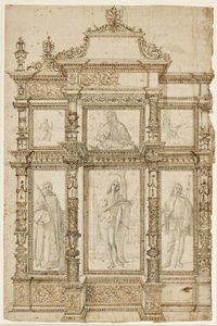 Studio per un altare con sei immagini inserite in una struttura ornata di cornici. In alto: La stigmatizzazione di San Francesco, Madonna col Bambino, San Girolamo nel deserto; in basso: Santi Lorenzo, Sebastiano e Rocco da Vittore Carpaccio