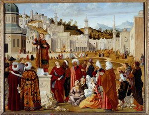 La predicazione di Santo Stefano a Gerusalemme. Parte di una serie eseguita per la cappella della Scuola di Santo Stefano a Venezia. Dipinto di Vittore Carpaccio (1450/54-1525/26)