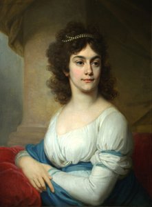 Ritratto di una donna sconosciuta in abito bianco con nastro blu, fine anni 1790 da Vladimir Lukich Borovikovsky