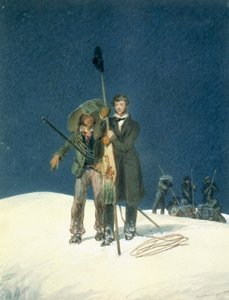 Charles Fellows con William Hawes, pianta un bastone sulla vetta, incluso come inserto in A Narrative of an Ascent to the Summit of Mont Blanc di Charles Fellows, pubblicato nel 1827 da W.S. Hastings