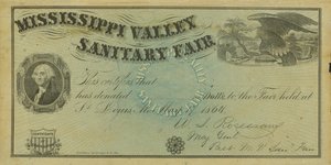 Certificato illustrato vuoto di contributo per donazioni fatte alla Fiera Sanitaria della Valle del Mississippi, 7 maggio 1864 da W. A. Rosecrans