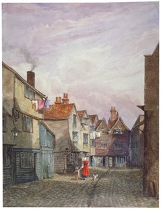 Vista di una donna e un bambino che camminano lungo Crown Court, Bermondsey, Londra, c1825