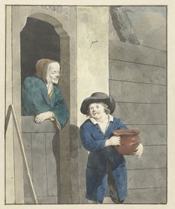 Ragazzo con una pentola vicino a una donna appoggiata a una porta da W. Barthautz