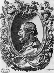 Ritratto di Ludovico Ariosto (1474-1533), poeta e drammaturgo italiano, Medaglie del Doni, incisione di Enea Vico (1523-1567)
