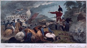 Il generale Graham sconfigge i francesi alla battaglia di Barrosa, inciso da J. Edwards, pubblicato da Almanack Stationers, 1812