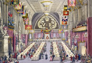 Il banditore comune proclama il brindisi alla salute della Regina Vittoria a un banchetto tenuto nella Guildhall, 1837 da W. Lake