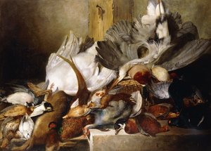 Una natura morta di uccelli morti; un airone appeso a un muro, anatra, fagiano, pernice, beccaccia, un cigno e un piccione con una lepre, 1845