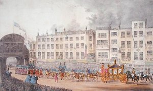 Vista di Temple Bar durante la visita della Regina Vittoria alla Città di Londra nel 1837 da W. R. Browne