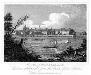 Ospedale di Chelsea, dalle rive del Tamigi, Londra, 1816