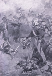 Chilianwala, 13 gennaio 1849: Il corpo di Pennycuick sorvegliato da suo figlio, illustrazione da British Battles on Land and Sea, 1915 da Wal Paget