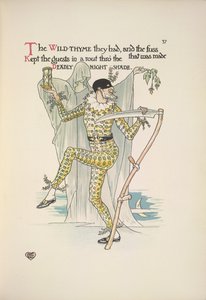 Belladonna. Un uomo che indossa una maschera, un costume giallo e tiene una clessidra e una falce da Walter Crane